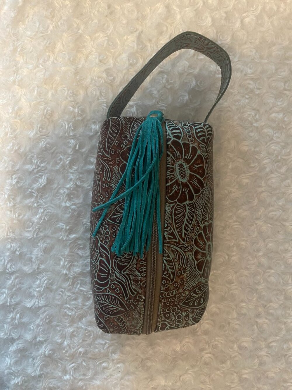 Myra Bag - Leather turquoise floral Makeup Cosmetic Toiletry bag/Zip/Tassel